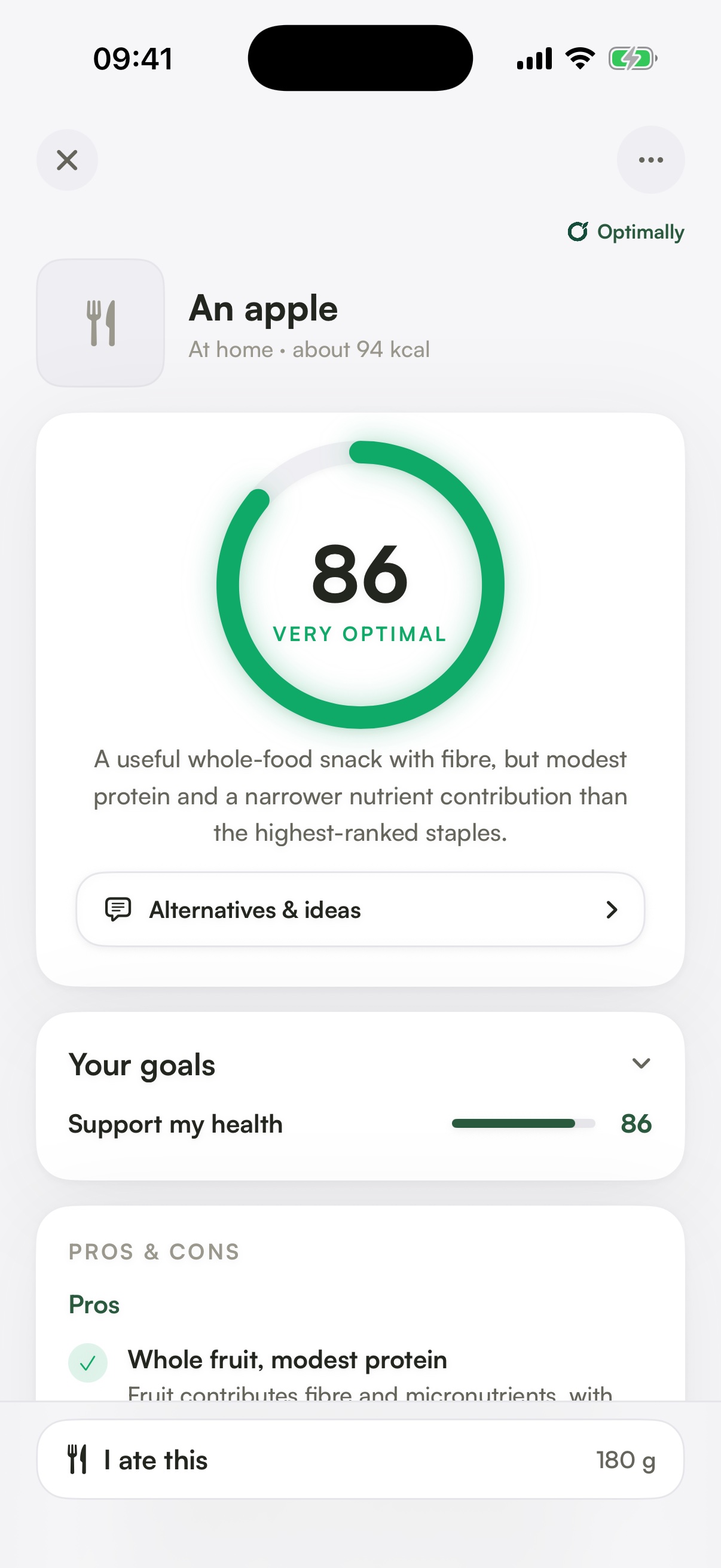 Optimally showing an apple rated 86 with its food quality explanation