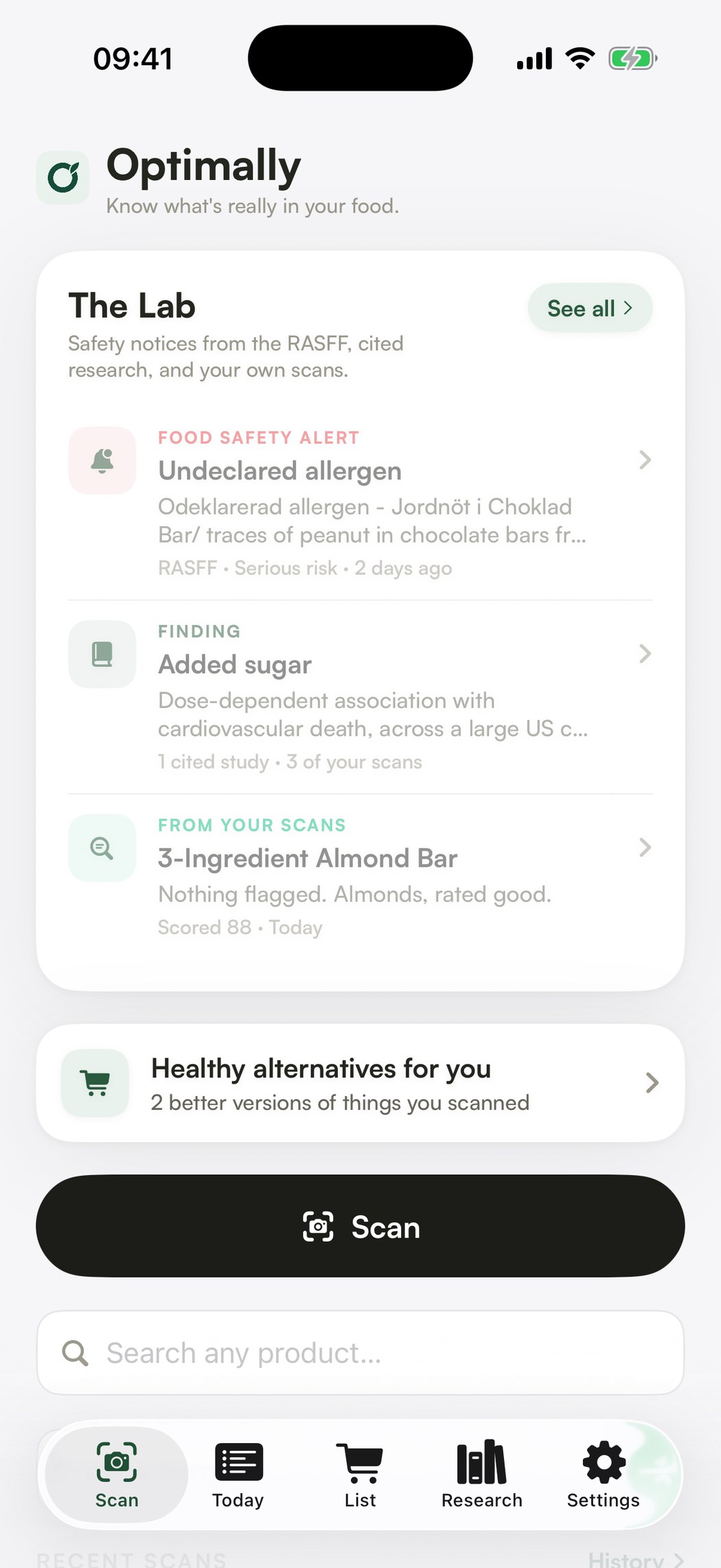Optimally home screen: The Lab feed with a food safety alert, a cited finding and a recent scan, above the scan button and search field